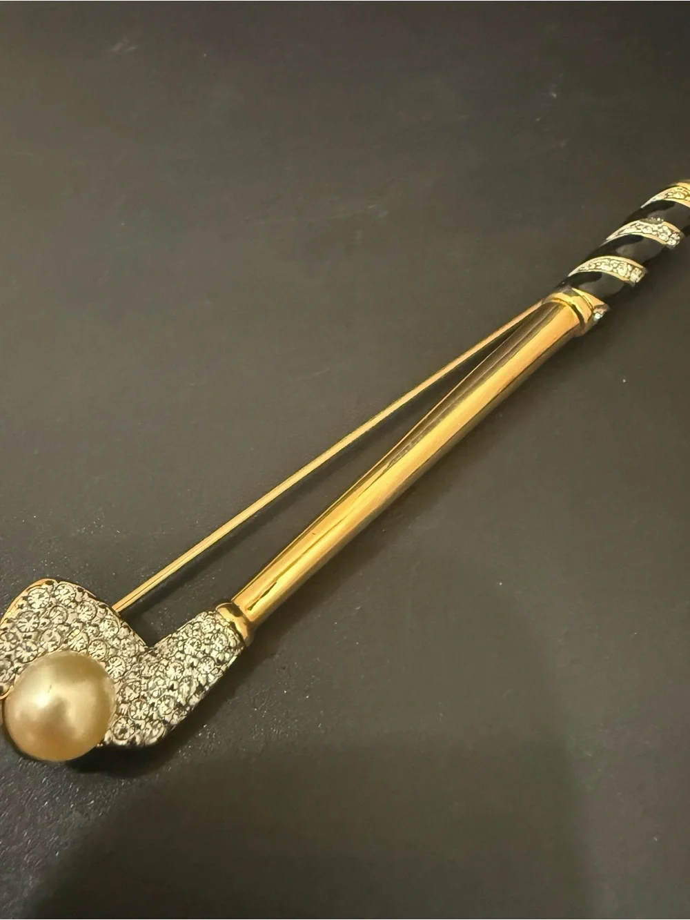 Vintage Retired SWAROVSKI Swan Signed Pave Crystal Faux Pearl Golf Club Brooch